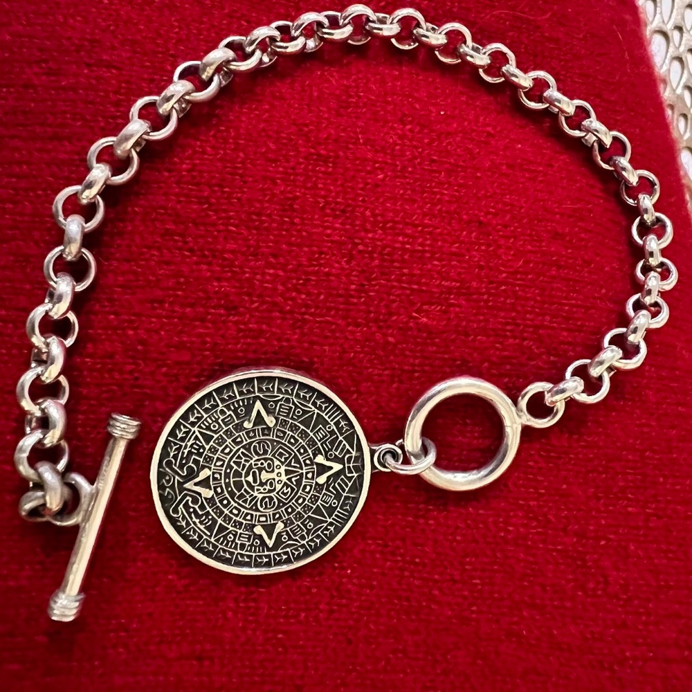 CII Mexico Sterling Silver Aztec Mayan Calendar Rolo Link Toggle Bracelet - 8”